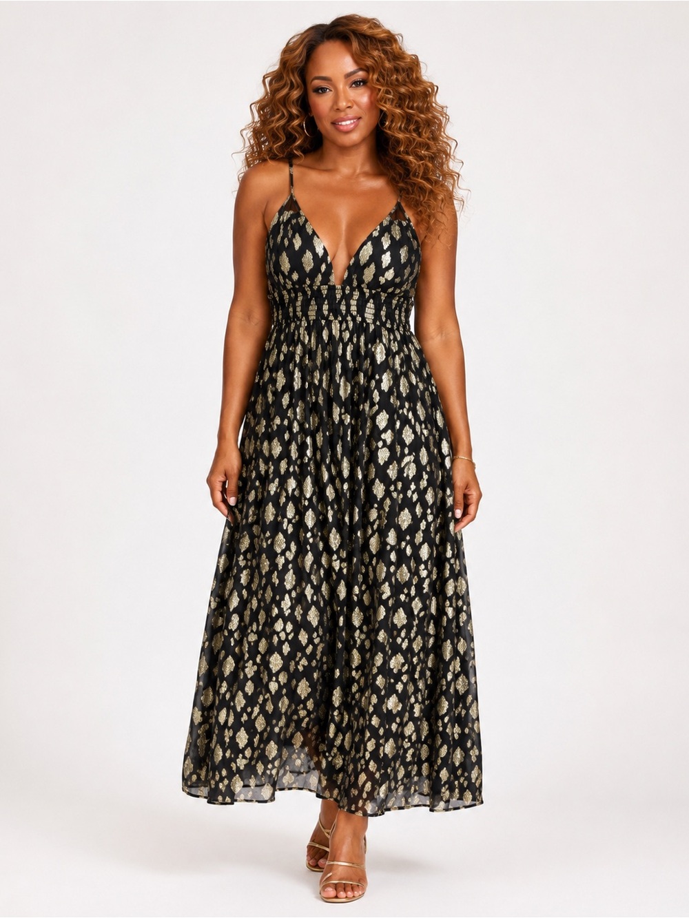 ALTAR’D STATE Black & Gold Metallic Leopard Print Maxi Dress Women’s Small NWT
